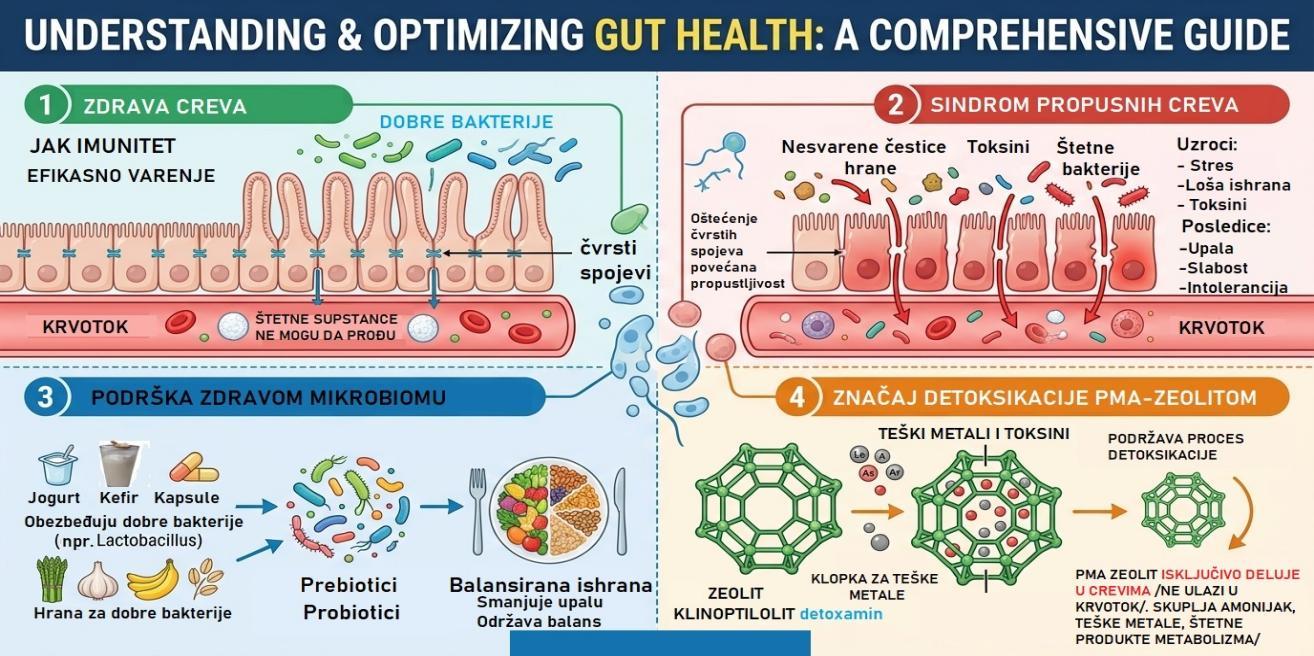 Infografik mehanizma delovanja PMA zeolita na mikrobiom i crevnu barijeru