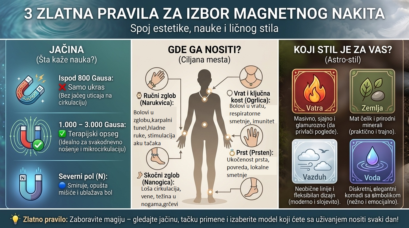 Infografik 3 zlatna pravila za izbor magnetnog nakita: jačina magneta u gausima, mesta primene na telu i astrološki stil prema elementima